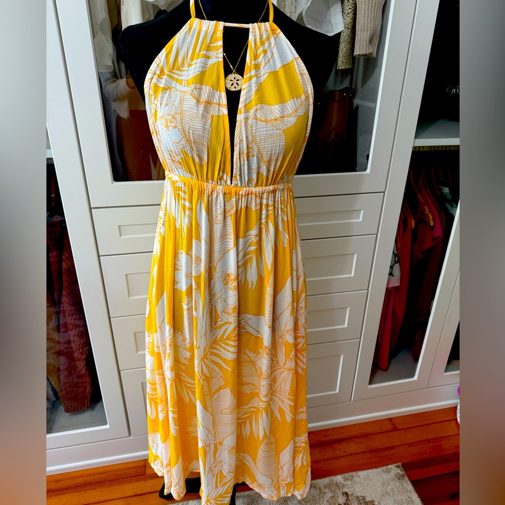 Yellow and white floral midi dress with halter neck and tie back